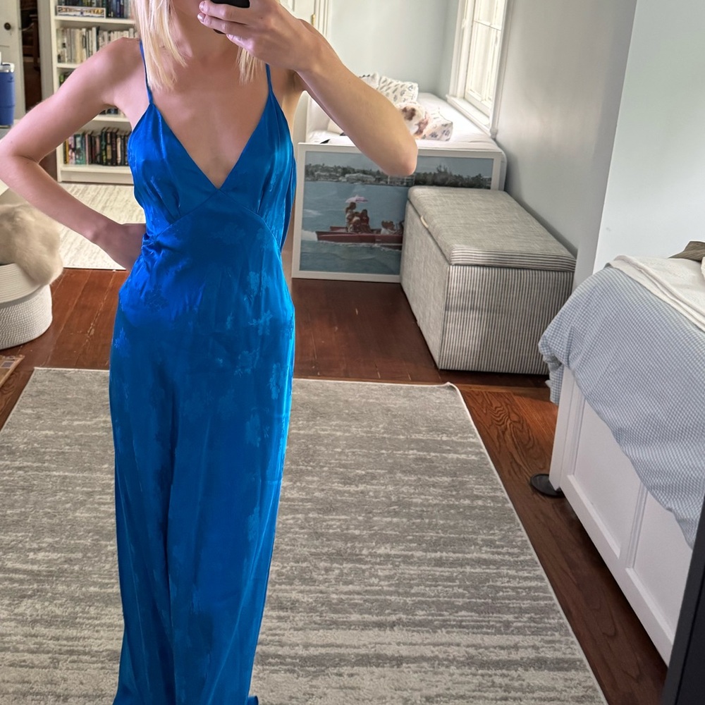 From Future BNWT Jacquard Blue 100% Silk Slip Maxi Gown Dress, Size 36 Fits a 2